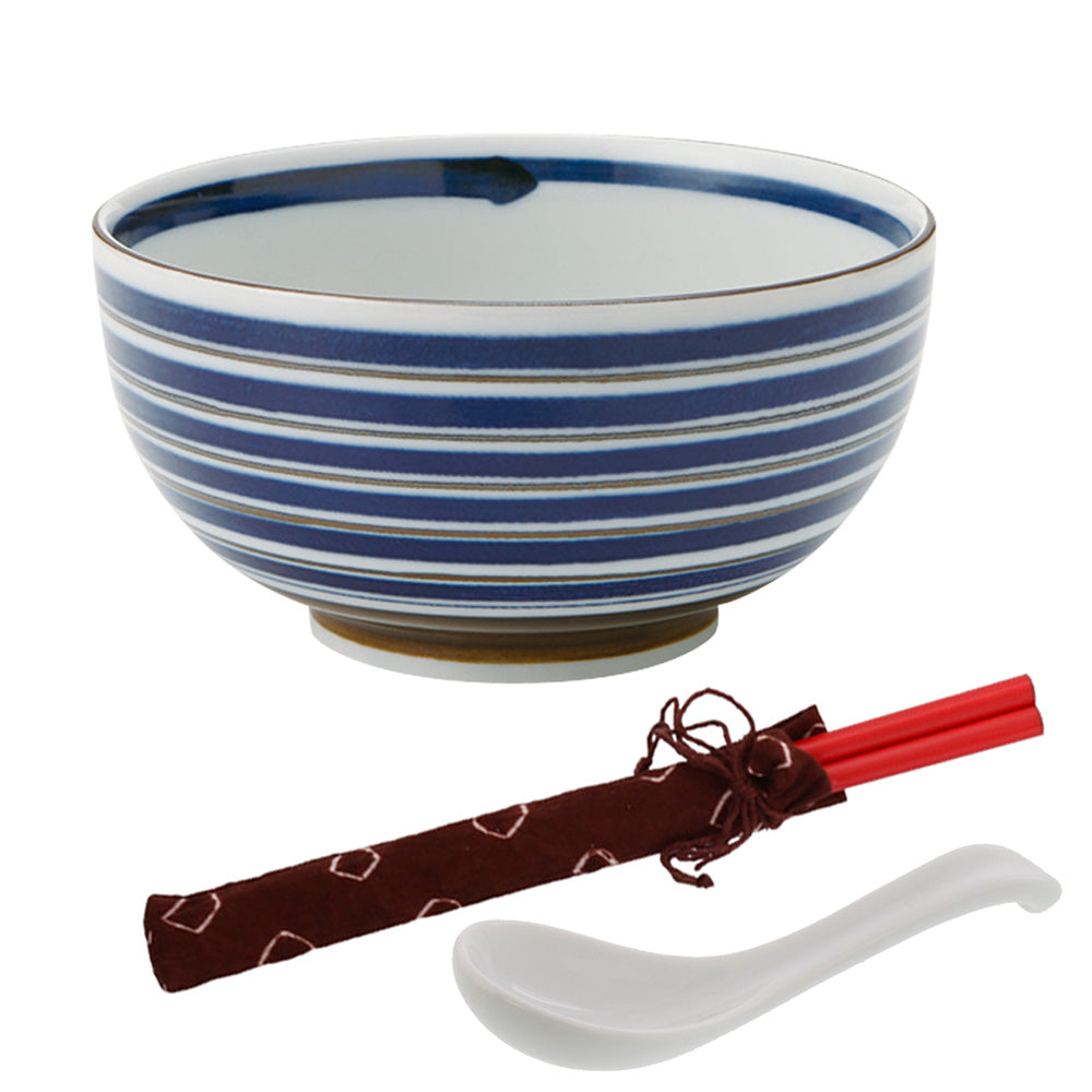 Blue and Brown Stripe Multi-Purpose Donburi Bowl with Chopsticks and Soup Spoon - Large