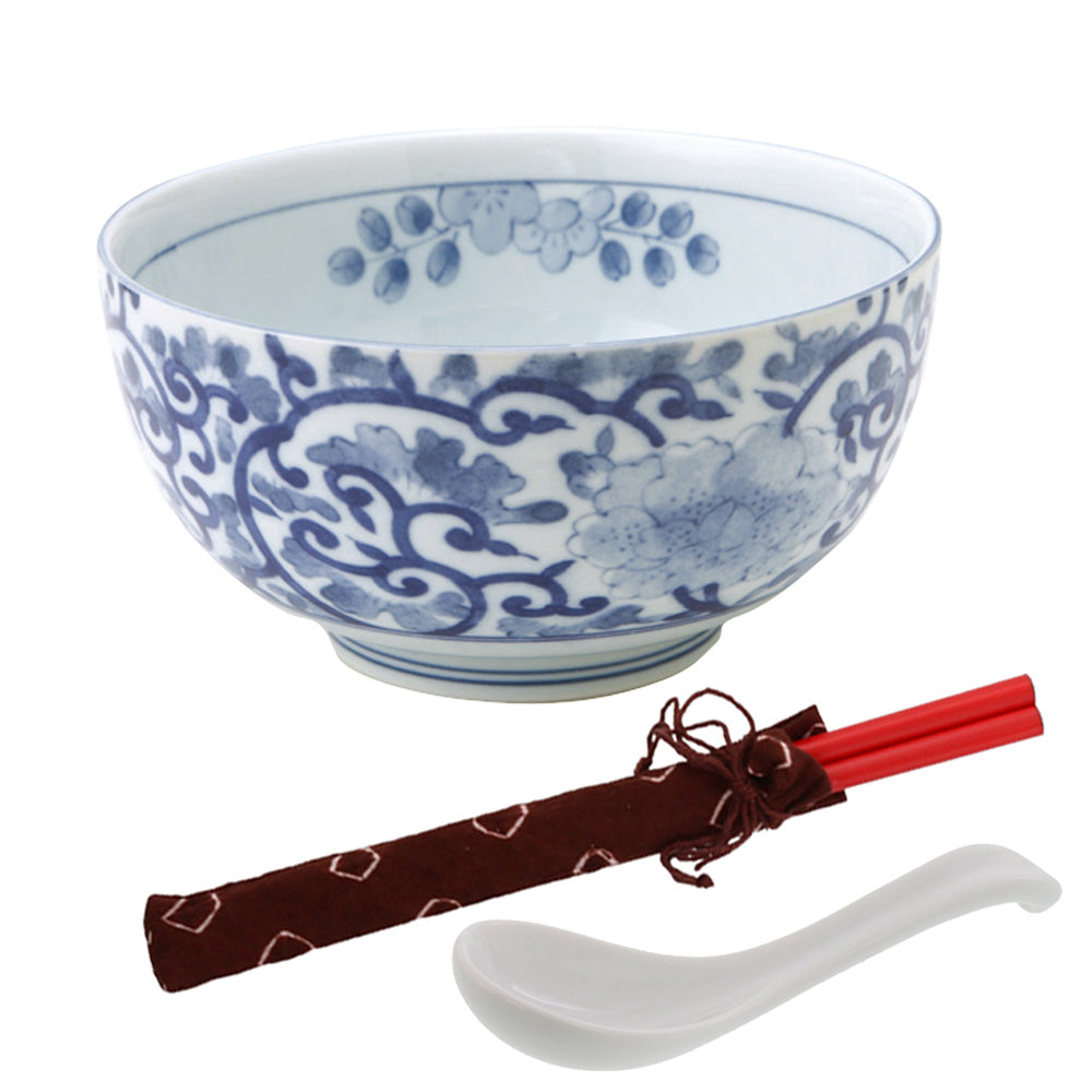Aizen-Karakusa Multi-Purpose Donburi Bowl with Chopsticks and Soup Spoon - Large