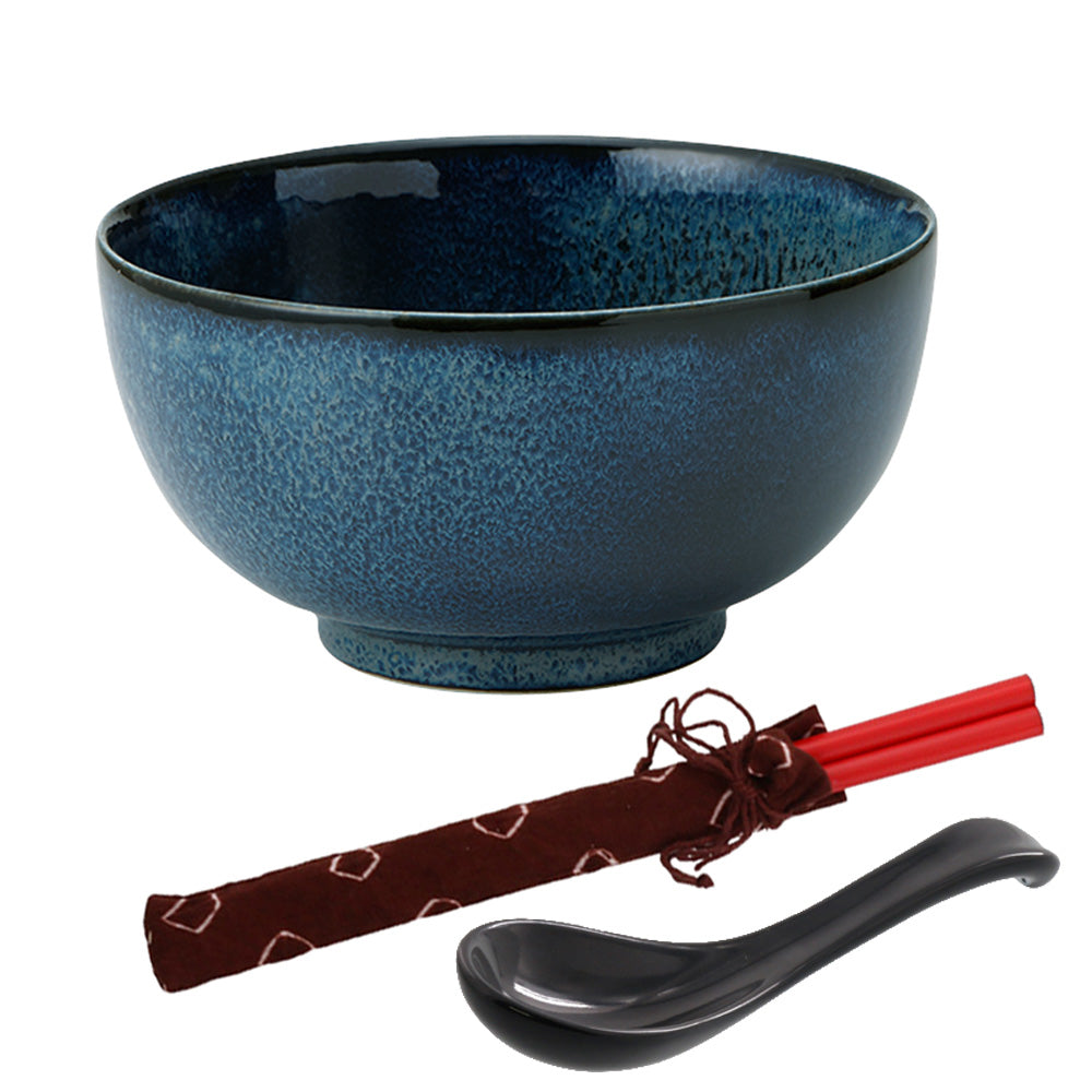 Dark Blue Multi-Purpose Donburi Bowl with Chopsticks and Soup Spoon - Large