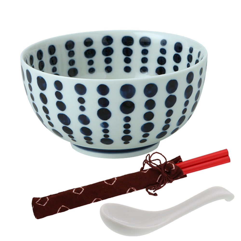 Polka Dot Multi-Purpose Donburi Bowl with Chopsticks and Soup Spoon - Large