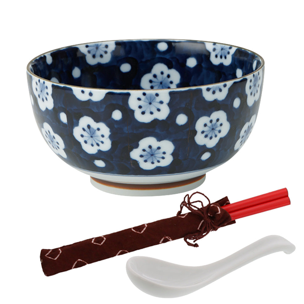 Blue Plum Flower Design Multi-Purpose Donburi Bowl with Chopsticks and Soup Spoon - Large