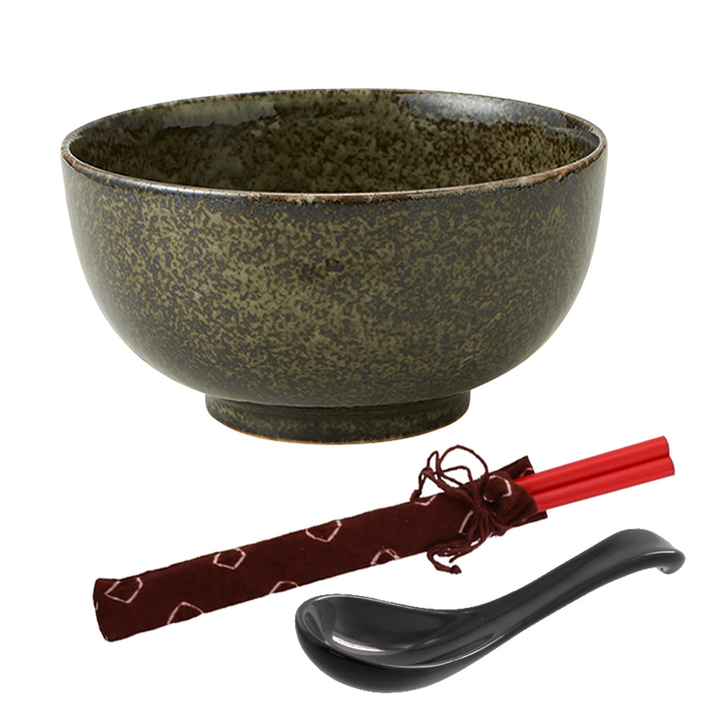 Dark Green Multi-Purpose Donburi Bowl with Chopsticks and Soup Spoon - Large