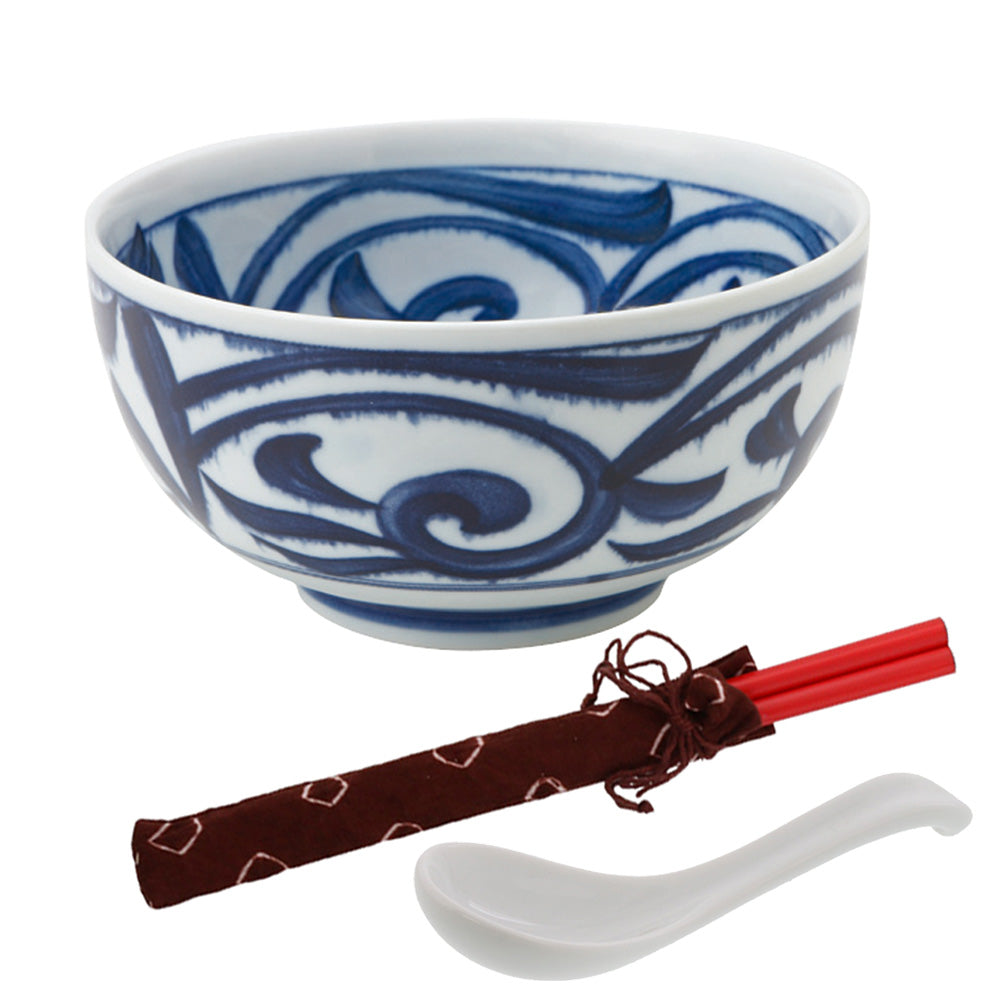Blue and White Multi-Purpose Donburi Bowl with Chopsticks and Soup Spoon - Large