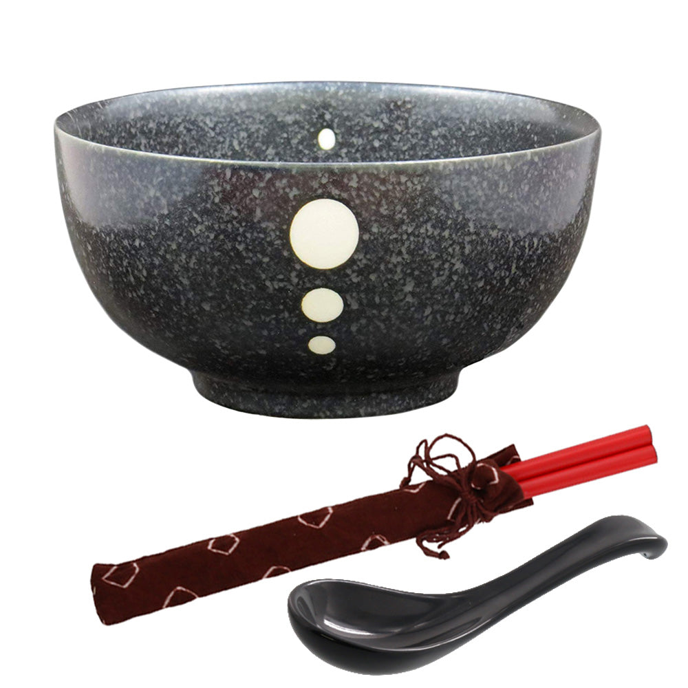 Large Multi-Purpose Donburi Bowl with Chopsticks and Soup Spoon Made in Japan - Black with White Polka Dots