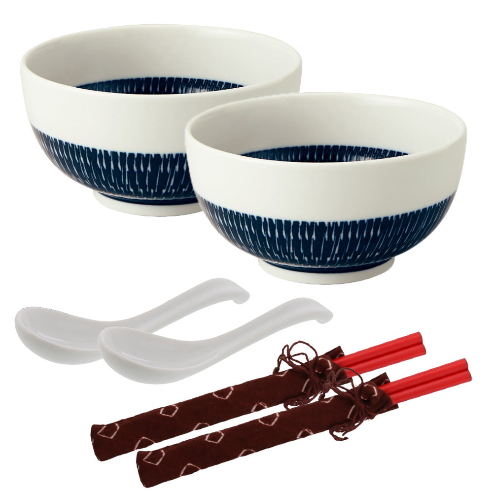 Tobikanna Multi-Purpose Bowls with Chopsticks and Soup Spoons Set of 2 - Navy Blue