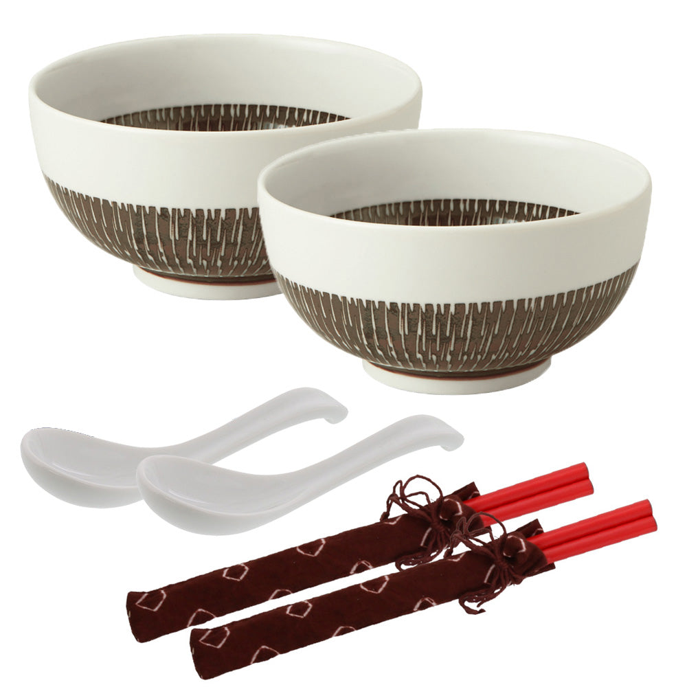 Tobikanna Multi-Purpose Bowls with Chopsticks and Soup Spoons Set of 2 - Brown