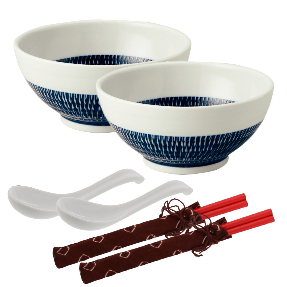 Tobikanna Sanuki Donburi Bowls with Chopsticks and Soup Spoons Set of 2 - Navy Blue