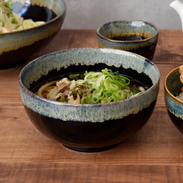 Tenmoku Shironagashi 6.3" Multi-Purpose Donburi Bowls with Soup Spoons and Chopsticks Set of 2