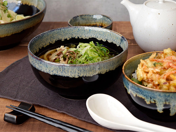 Tenmoku Shironagashi 6.3" Multi-Purpose Donburi Bowls with Soup Spoons and Chopsticks Set of 2
