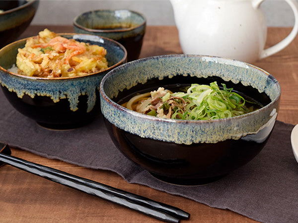 Tenmoku Shironagashi 6.3" Multi-Purpose Donburi Bowls with Soup Spoons and Chopsticks Set of 2