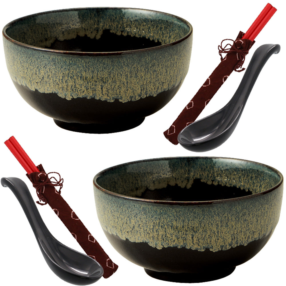 Tenmoku Shironagashi 6.3" Multi-Purpose Donburi Bowls with Soup Spoons and Chopsticks Set of 2