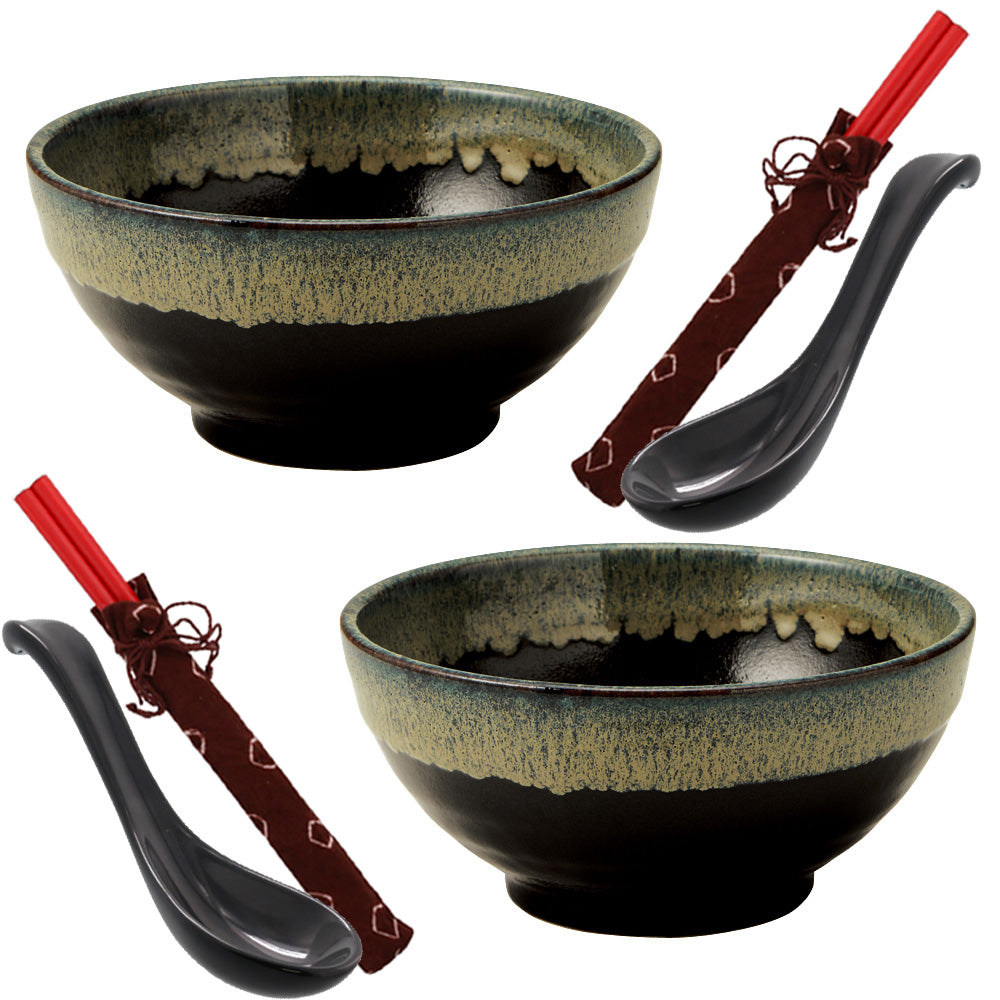 Tenmoku Shironagashi 7.3" Multi-Purpose Sanuki Donburi Bowls with Chopsticks and Soup Spoons Set of 2