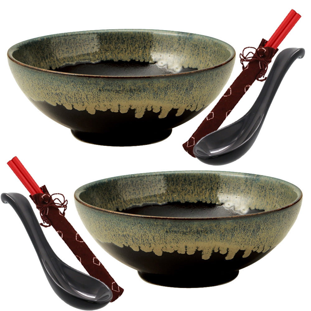 Tenmoku Shironagashi 54.1 oz Multi-Purpose Ramen Noodle Bowls with Chopsticks and Soup Spoons Set of 2
