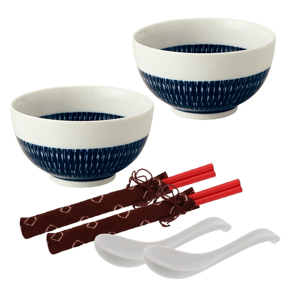 Tobikanna 5.2" Small Donburi Bowls with Chopsticks Set of 2 - Navy Blue
