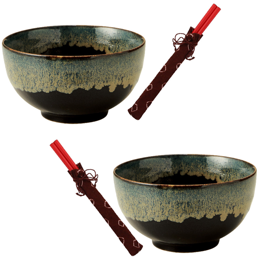 Tenmoku Shironagashi 5.2" Small Donburi Bowls with Blue Chopsticks Set of 2
