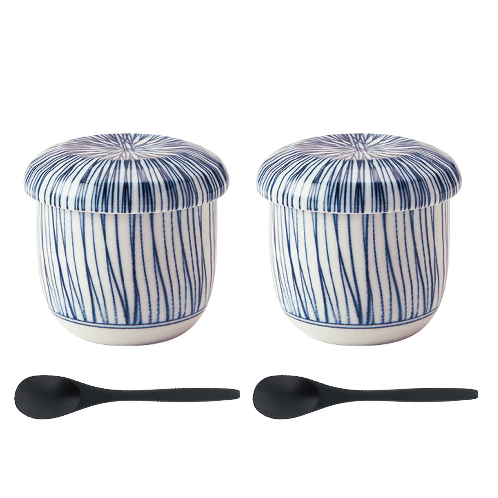 Blue and White Stripe Chawanmushi Cup With Lid and Spoon Set of 2