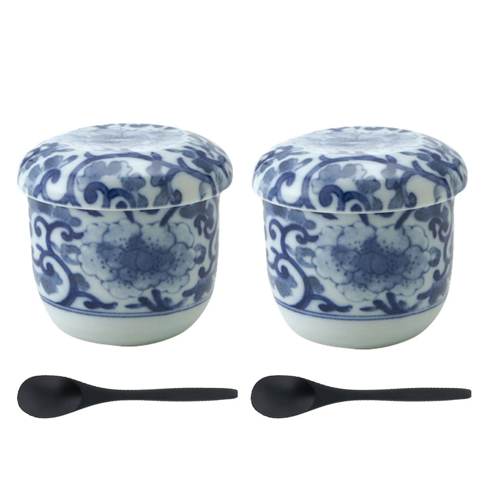 Botan Blue and White Chawanmushi Cup With Lid and Spoon Set of 2 - Peony