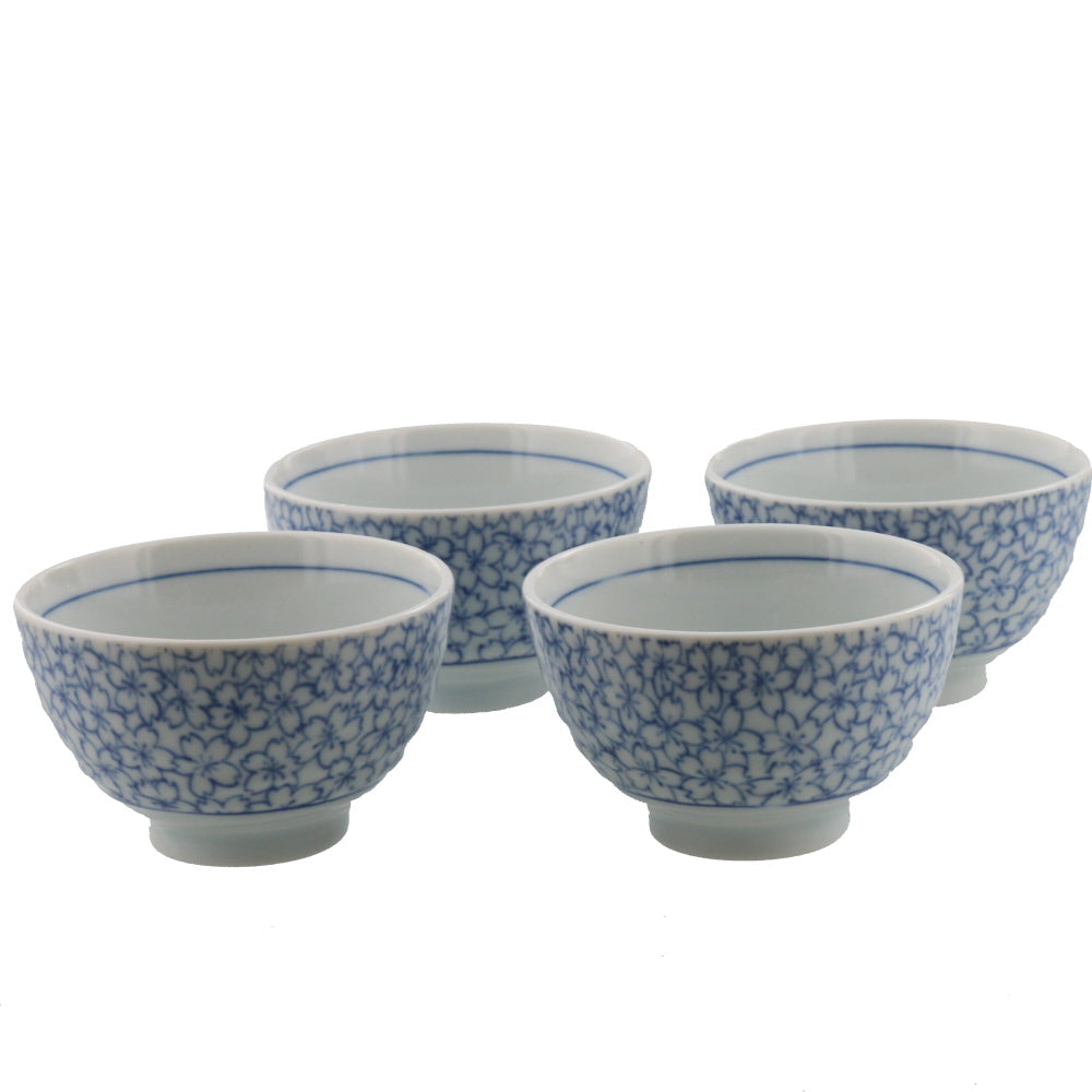 6.7 oz Retro Modern Japanese Tea Cup Set of 4 Japanese Cherry Blossom Design White x Blue