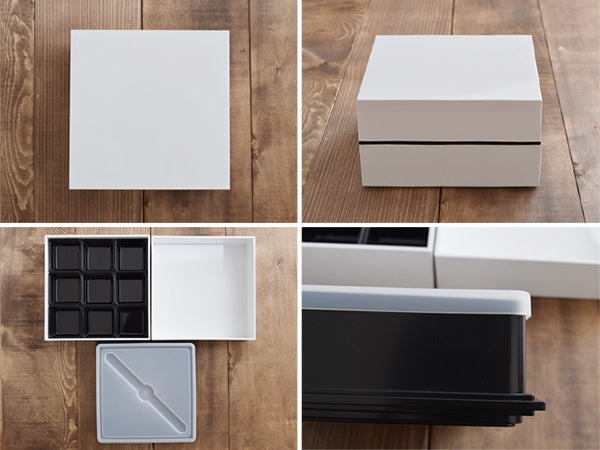 2-Tiered White Square Jubako Box with 4 Sets of Chopsticks