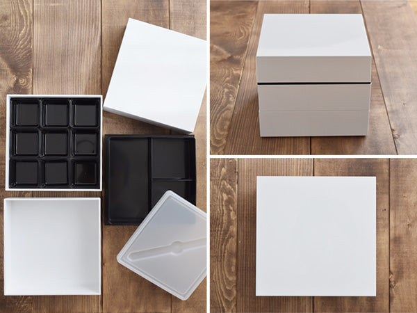 3-Tiered White Square Jubako Box with 4 Sets of Chopsticks