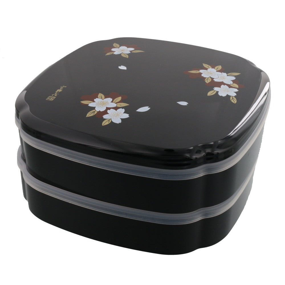 2-Tiered Black Mokko Shaped Jubako Box - Sakura