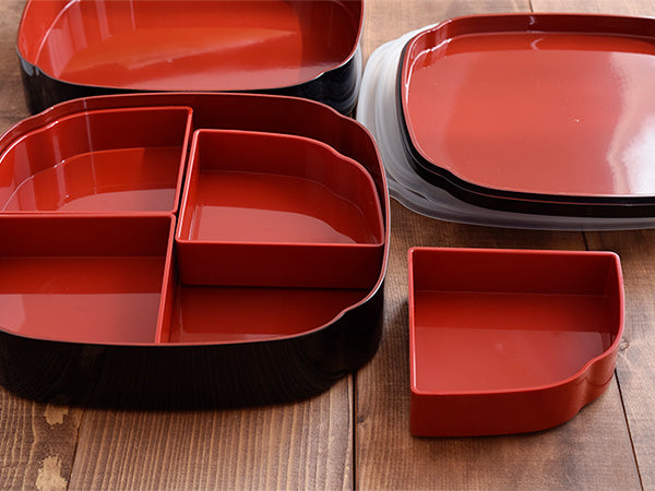 2-Tiered Black Mokko Shaped Jubako Box with 4 Sets of Red Chopsticks