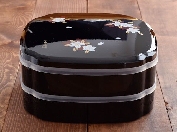 2-Tiered Black Mokko Shaped Jubako Box - Sakura