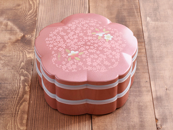 2-Tiered Pink Sakura Shaped Jubako Box with 4 Sets of Red Chopsticks