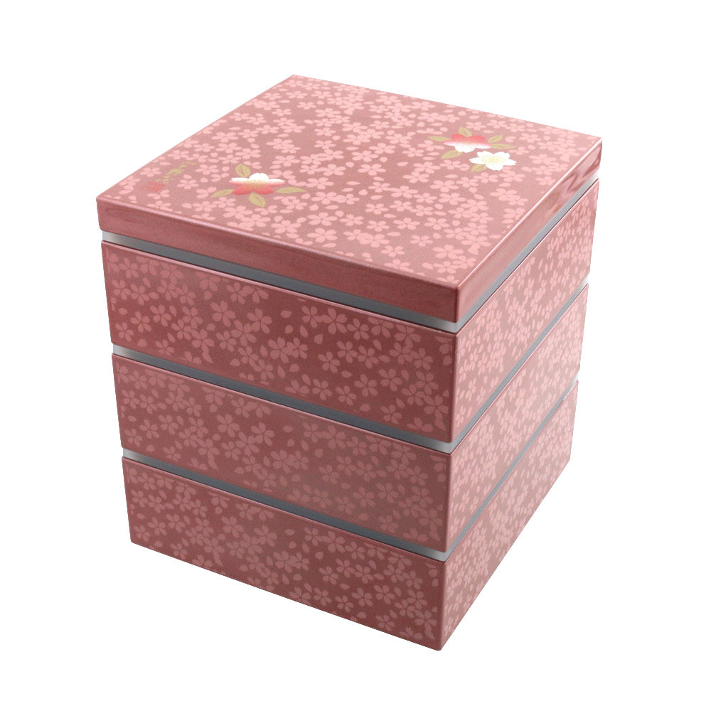 3-tiered-pink-square-jubako-box-with-4-sets-of-red-chopsticks-sakuraのコピー