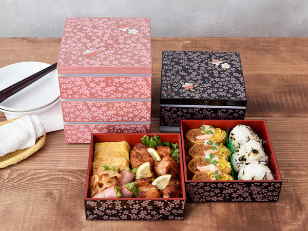 3-tiered-pink-square-jubako-box-with-4-sets-of-red-chopsticks-sakuraのコピー
