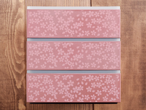 3-tiered-pink-square-jubako-box-with-4-sets-of-red-chopsticks-sakuraのコピー