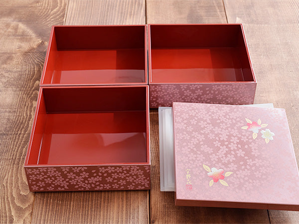 3-Tiered Pink Square Jubako Box with 4 Sets of Red Chopsticks - Sakura