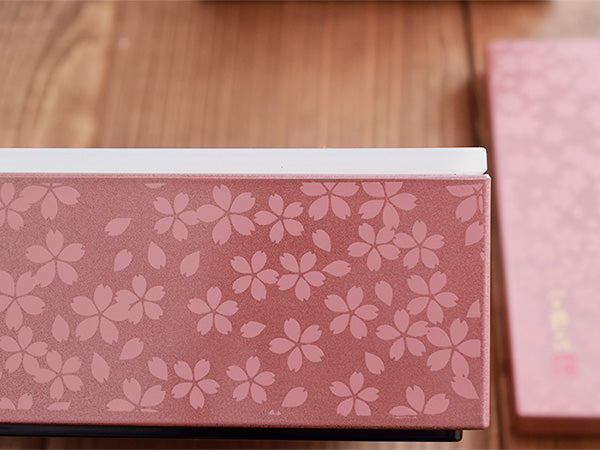 3-Tiered Pink Square Jubako Box with 4 Sets of Red Chopsticks - Sakura