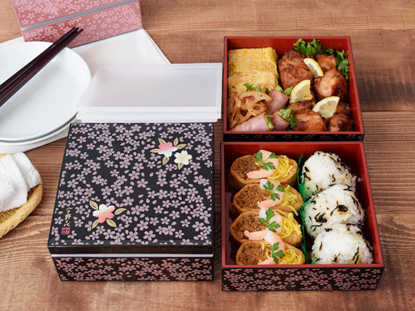 3-Tiered Black Square Jubako Box with 4 Sets of Red Chopsticks - Sakura