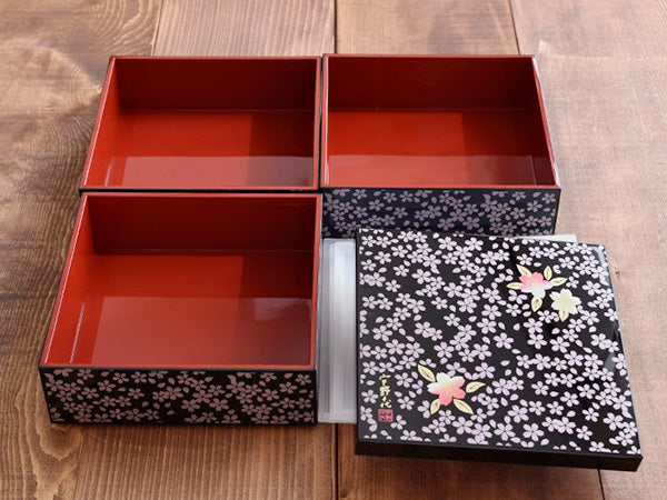 3-Tiered Black Square Jubako Box with 4 Sets of Red Chopsticks - Sakura