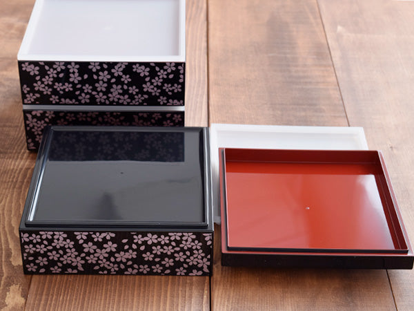 3-Tiered Black Square Jubako Box with 4 Sets of Red Chopsticks - Sakura