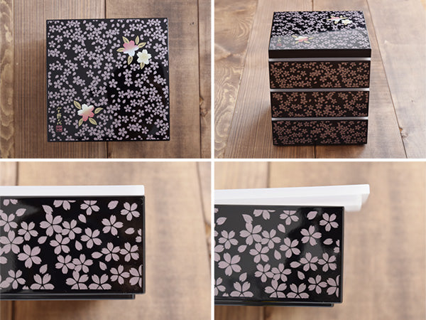 3-Tiered Black Square Jubako Box with 4 Sets of Red Chopsticks - Sakura