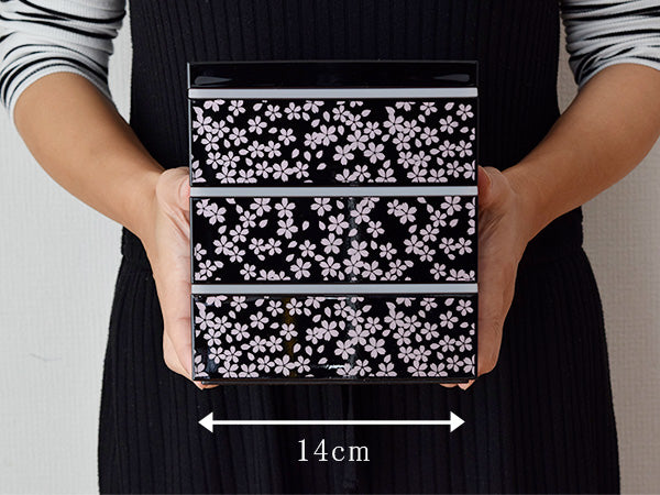 3-Tiered Black Square Jubako Box with 4 Sets of Red Chopsticks - Sakura