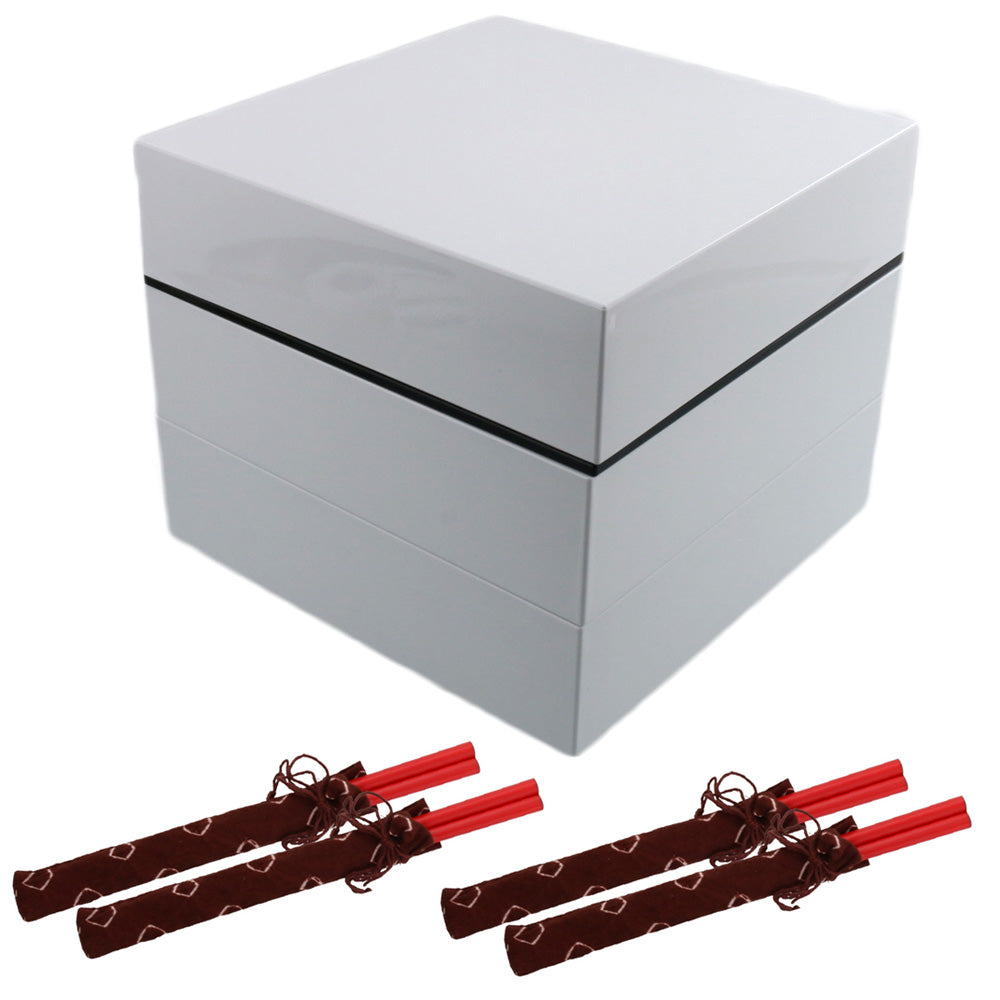 3-Tiered White Square Jubako Box with 4 Sets of Chopsticks