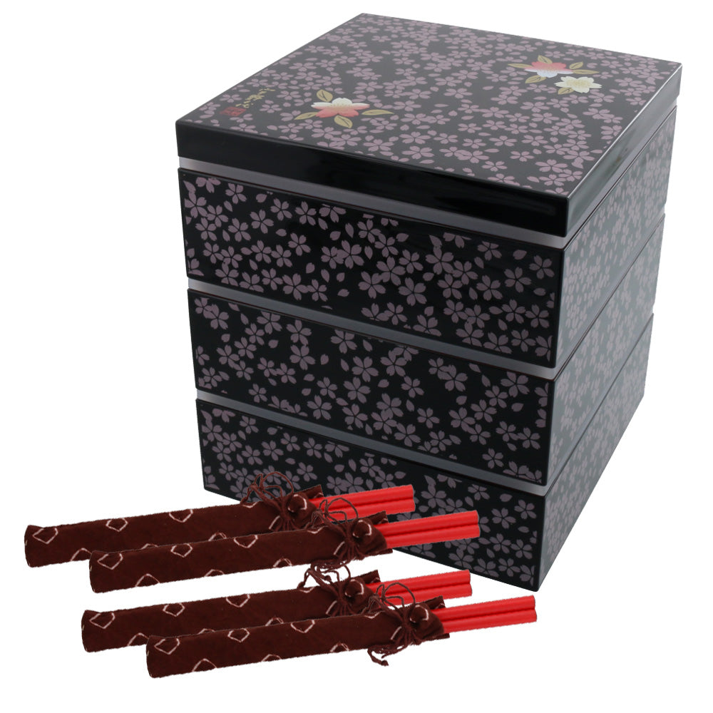 3-Tiered Black Square Jubako Box with 4 Sets of Red Chopsticks - Sakura