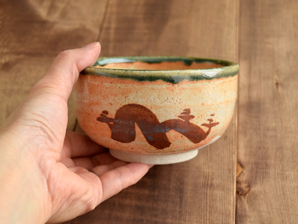 Authentic 17.5 oz Pottery Matcha Tea Cup Chubby Body Green x Orange Penetration (Cracking) Design  Handmade Comes in a Box
