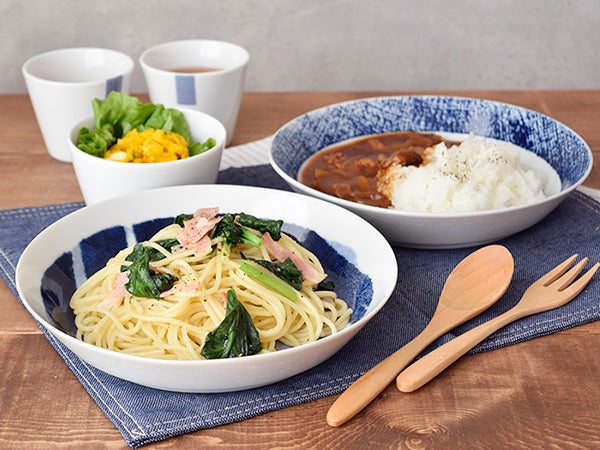 Aizen 8.7" Stripe Pasta Bowls Set of 2 - Blue and White