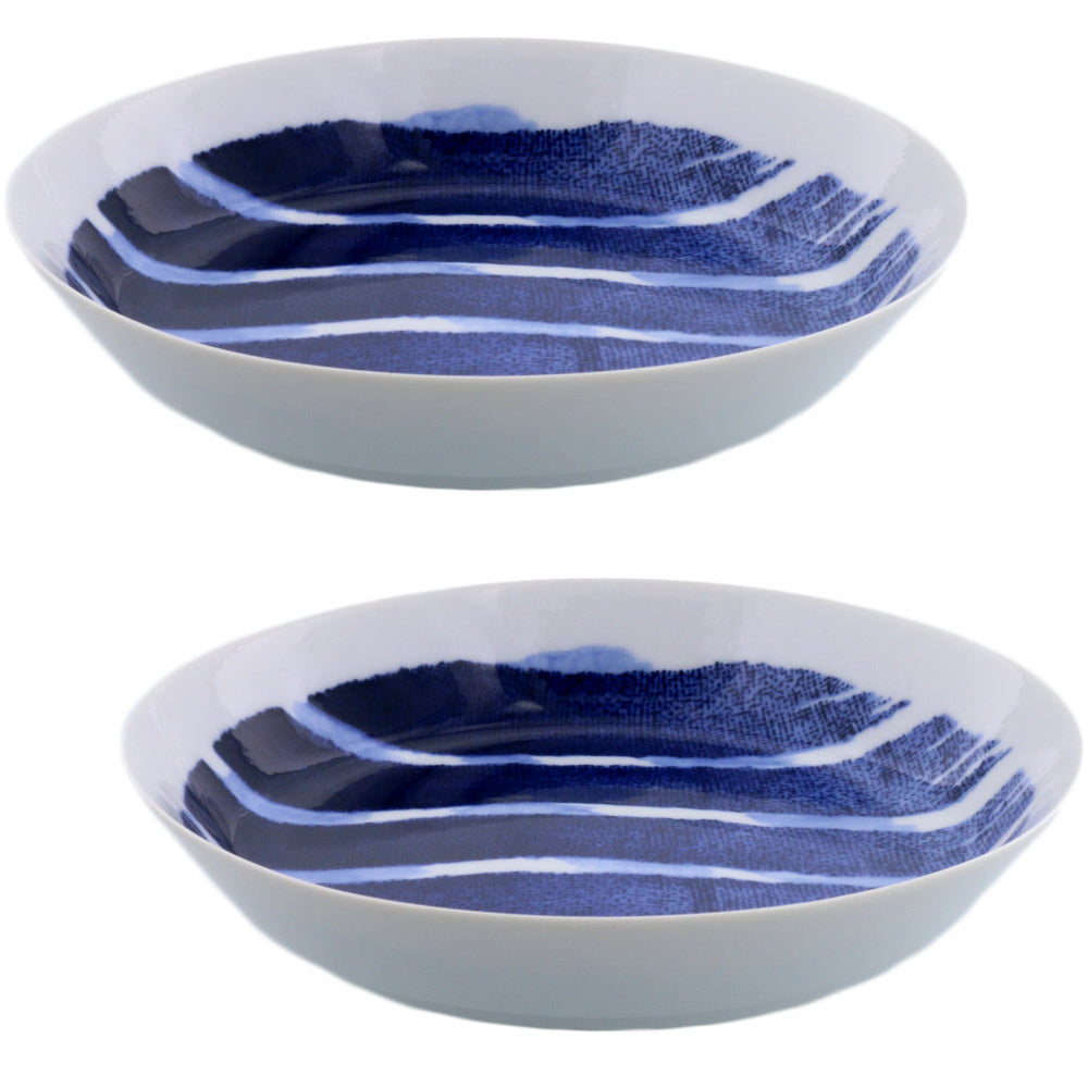 Aizen 8.7" Stripe Pasta Bowls Set of 2 - Blue and White