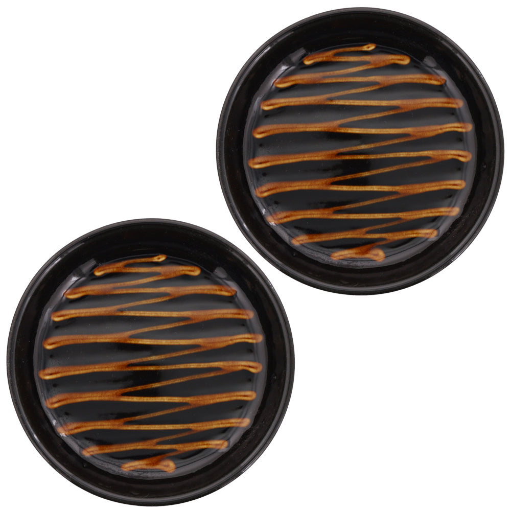 RETRO Mingei Folk Craft 6.5" Slipware Ceramic Dessert Plates Set of 2 - Stripe