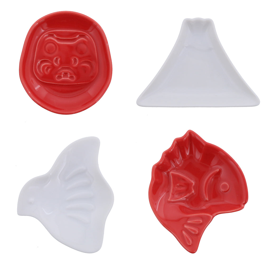Kohaku Mamezara Lucky Charm Red/White Condiment Dishes Set of 4 - Assorted Designs