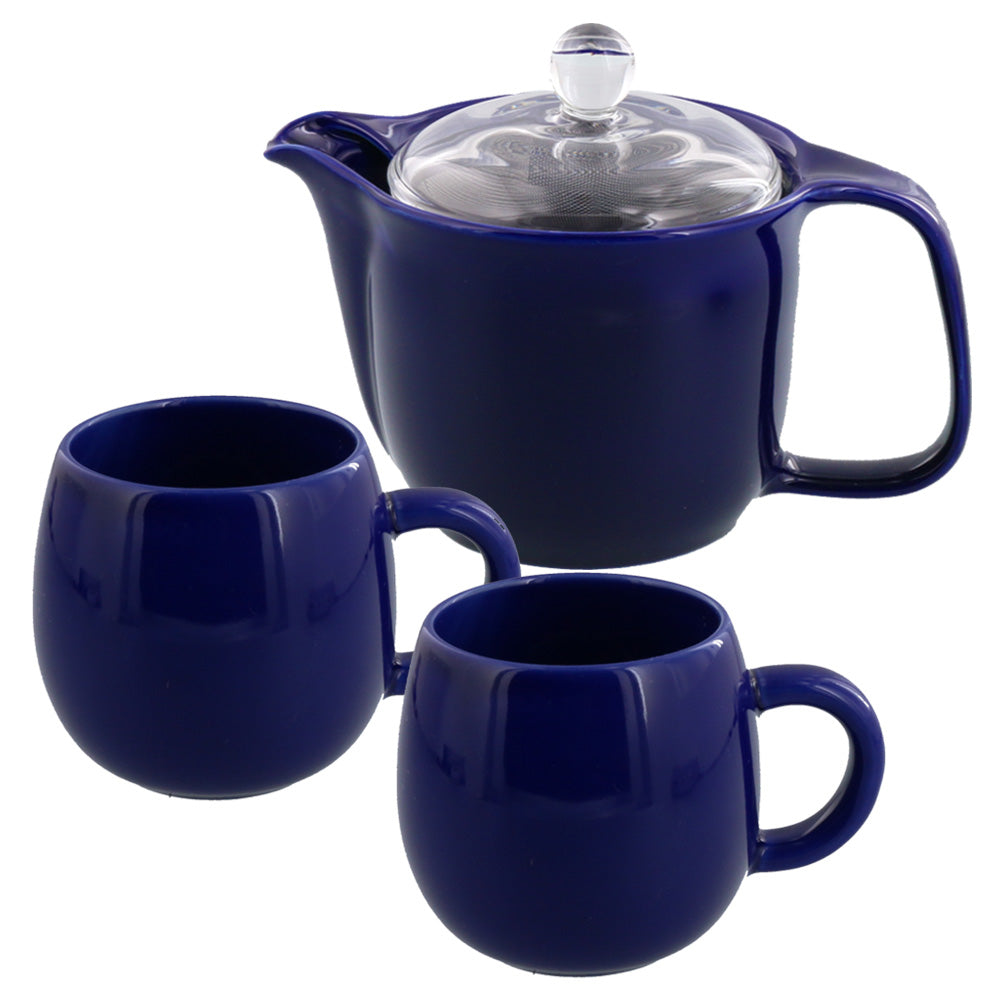COLONT Ceramic Coffee Mugs and Teapot with Glass Lid and Removable Infuser Set of 3 - Navy Blue