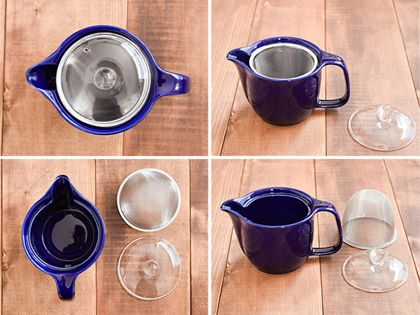 COLONT Ceramic Coffee Mugs and Teapot with Glass Lid and Removable Infuser Set of 3 - Navy Blue