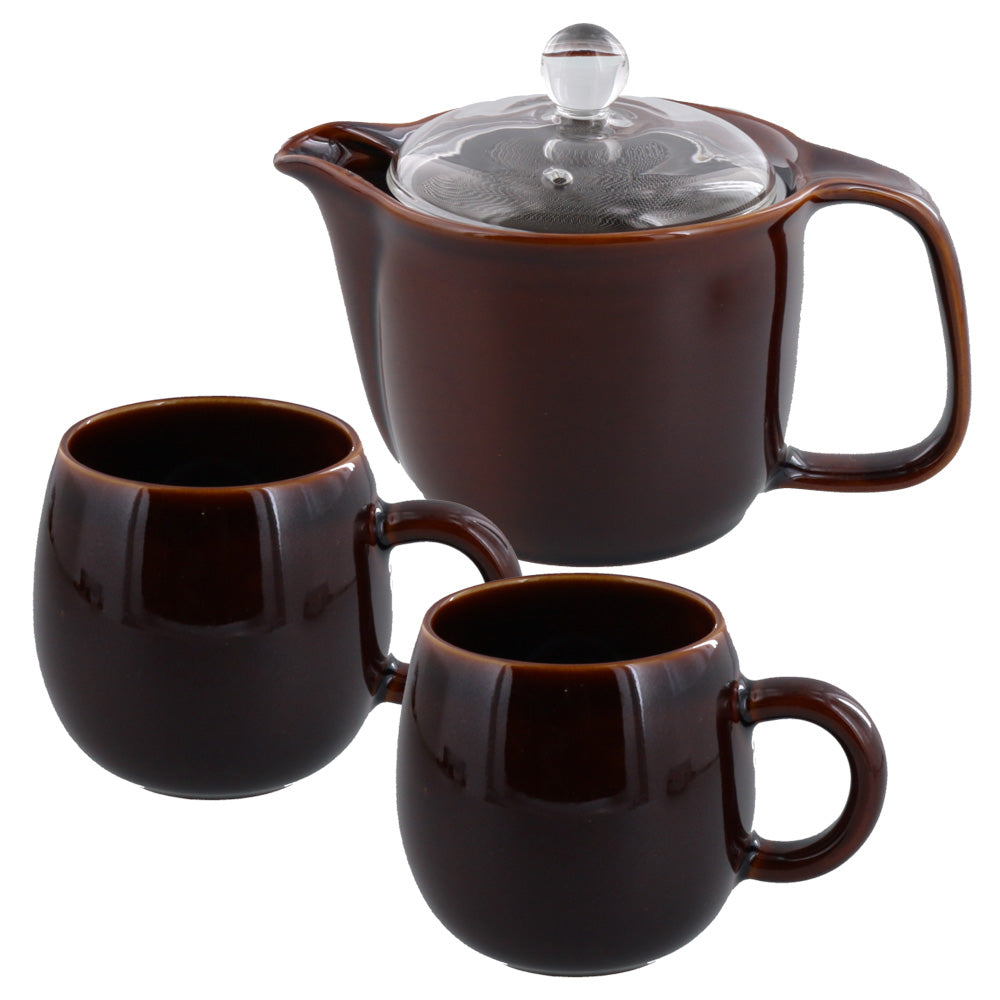 COLONT Ceramic Coffee Mugs and Teapot with Glass Lid and Removable Infuser Set of 3 - Brown