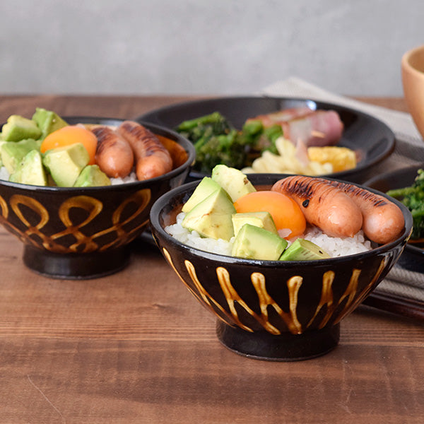 RETRO Mingei Folk Craft 6.5" Ribbon Slipware Ceramic Rice Bowls Set of 2