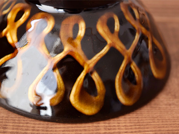 RETRO Mingei Folk Craft 6.5" Ribbon Slipware Ceramic Rice Bowls Set of 2